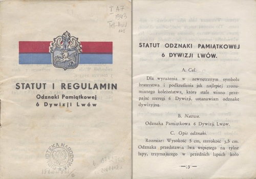Statut i regulamin Odznaki pamiątkowej 6 Dywizji Lwów, 1943 r. Na stronie tytułowej wyróżnia się graficzne odwzorowanie odznaki na tle wstęgi czerwono błękitnej.