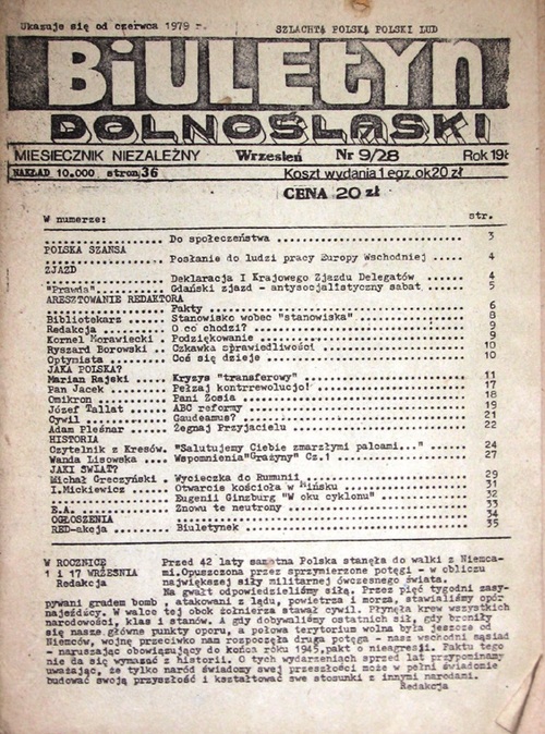 Biuletyn Dolnośląski z września 1981 r. Na stronie tytułowej spis treści wskazujący m.in. na tekst Posłania do ludzi pracy Europy Wschodniej