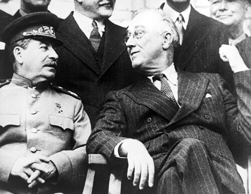 Joseph Stalin and Franklin Delano Roosevelt at the Tehran conference, November, 1943