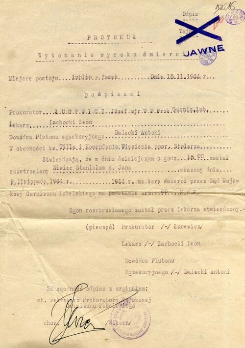 Odpis protokołu z wykonania wyroku śmierci na Stanisławie Siwcu