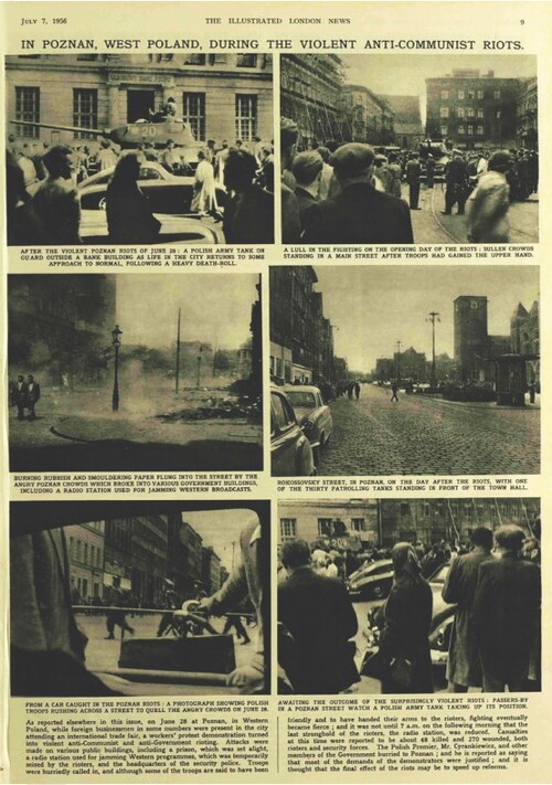 Strona z gazety „The lllustrated London News”, na której znajduje się fotoreportaż lub fragment fotoreportażu - 6 zdjęć przedstawiających wydarzenia w Poznaniu w czerwcu 1956 roku podpisanych tekstami w języku angielskim.