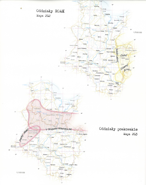 Mapa kolorowa złożona z dwóch kart. Jedna zatytułowana: Oddziały ROAK, druga: Oddziały poakowskie