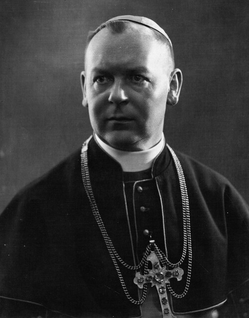 Mężczyzna, wyglądający na młodego, w katolickim stroju biskupim, z zawieszonym na szyi na podwójnym łańcuszku dużym, wysadzanym kamieniami, krzyżem.
