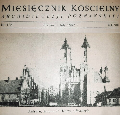 Fragment strony tytułowej czasopisma papierowego z winietą oraz fotokopią zdjęcia wysokiej, katedralnej zabudowy kościelnej.