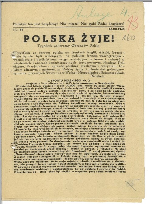 „Polska Żyje”, pismo wydawane przez Komendę Obrońców Polski, strona tytułowa z 20 grudnia 1940 r.