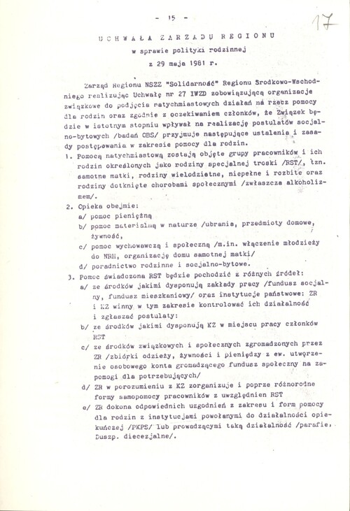 Pierwsza strona uchwały Zarządu Regionu Środkowo-Wschodniego NSZZ „Solidarność” w sprawie polityki rodzinnej z 29 maja 1981 r. Fotokopia dokumentu drukowanego.