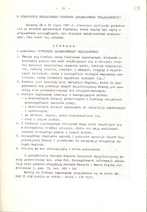 Tekst uchwały Zarządu Regionu Środkowo-Wschodniego NSZZ „Solidarność” o powołaniu „Funduszu Zapomogowego” Solidarności z 30 lipca 1981 r. Fotokopia dokumentu drukowanego.