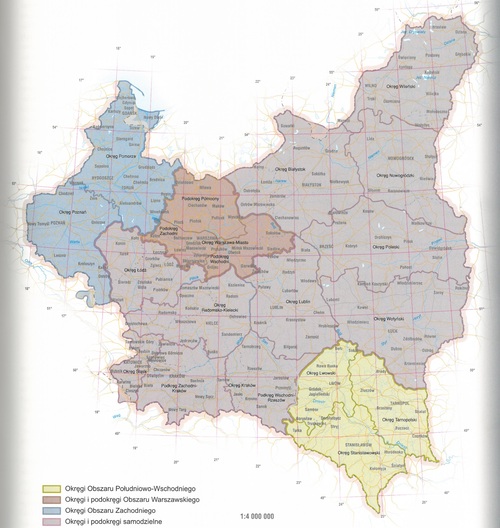 Mapa Drugiej Rzeczypospolitej ukazująca podział terytorialny Armii Krajowej (obszary, a w ich ramach okręgi, oraz okręgi i podokręgi samodzielne) w okresie styczeń 1944 - styczeń 1945. Opracował zespół autorski „Atlasu polskiego podziemia niepodległościowego 1944–1956” (wydanie II).