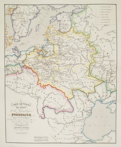 Mapa Rzeczypospolitej Polskiej w granicach z XVIII w. z francuskojęzycznymi opisami, sporządzona w pierwszej połowie XIX w. Mapa przedstawia również ówczesnych sąsiadów Polski.