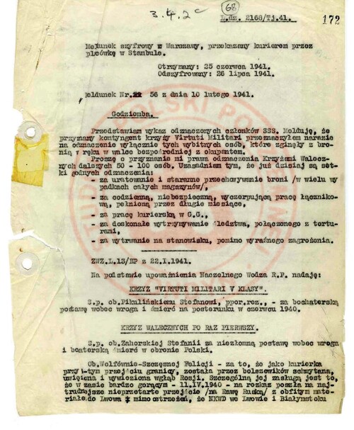 Obraz dokumentu - meldunku szyfrowego z okupowanej przez Niemców Warszawy, z 10 lutego 1941 roku, o nadaniu Orderu Virtuti Militari Stefanowi Pikulińskiemu.