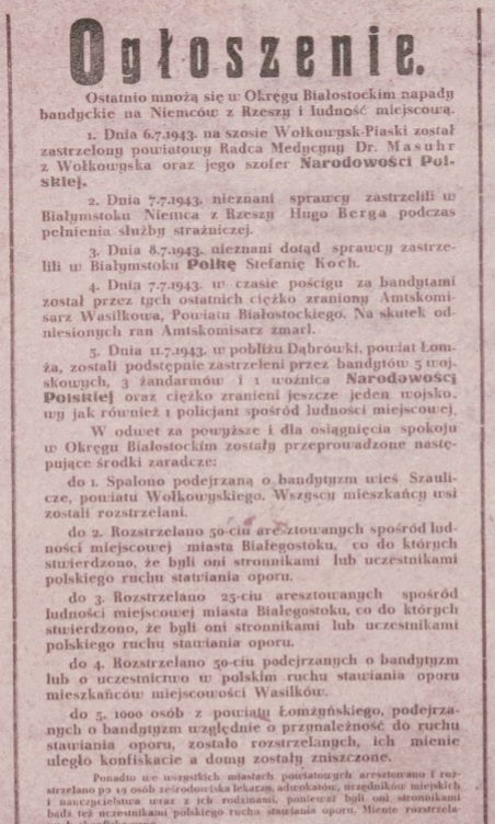 Obwieszczenie z 15 lipca 1943 r. o niemieckich działaniach odwetowych wymierzonych w polską ludność cywilną, podjętych w związku z akcjami zbrojnymi polskiego podziemia niepodległościowego. Fot. AIPN