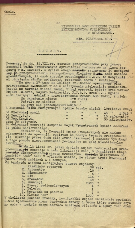 Obraz dokumentu - raportu Powiatowego Urzędu Bezpieczeństwa Publicznego w Suwałkach dotyczący wydarzeń z okresu Obławy Augustowskiej.