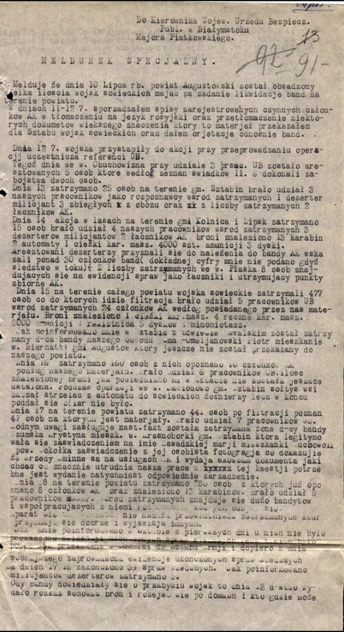 Obraz dokumentu - meldunku Powiatowego Urzędu Bezpieczeństwa Publicznego w Augustowie z 19 lipca 1945 roku dotyczącego wydarzeń z okresu Obławy Augustowskiej.
