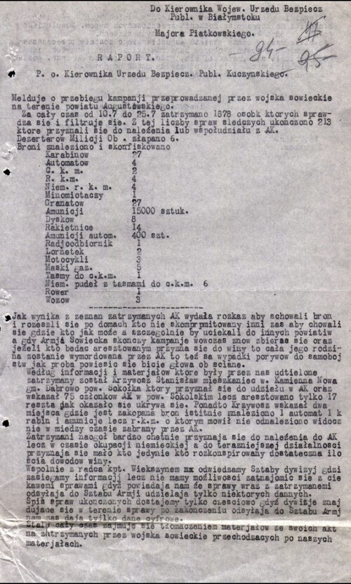 Obraz dokumentu - meldunku Powiatowego Urzędu Bezpieczeństwa Publicznego w Augustowie z 26 lipca 1945 roku dotyczącego wydarzeń z okresu Obławy Augustowskiej.