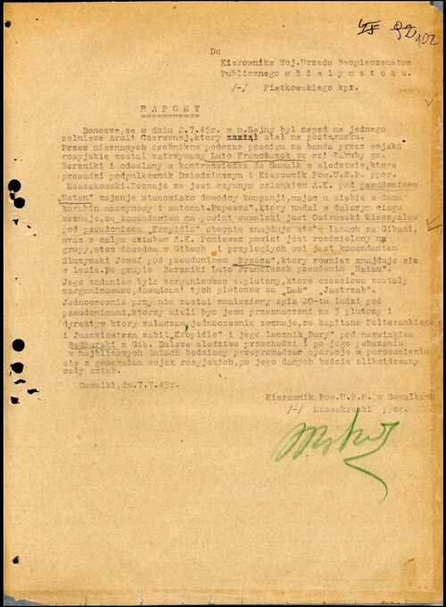 Obraz dokumentu - raportu Powiatowego Urzędu Bezpieczeństwa Publicznego w Suwałkach z 7 lipca 1945 roku dotyczącego wydarzeń poprzedzających Obławę Augustowską.