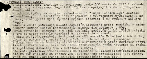 Obraz dokumentu - meldunku Komendy Obwodu Armii Krajowej Obywatelskiej Augustów z 28 maja 1945 roku.