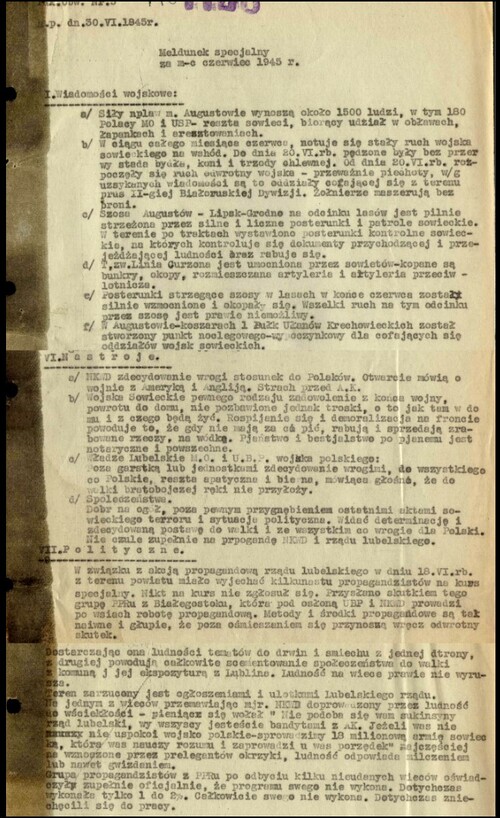 Obraz dokumentu - meldunku specjalnego Komendy Obwodu Armii Krajowej Obywatelskiej Augustów z 30 czerwca 1945 roku.