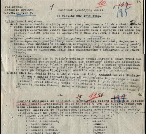Obraz dokumentu - meldunku sytuacyjnego Komendy Obwodu Armii Krajowej Obywatelskiej Augustów z 28 maja 1945 roku.