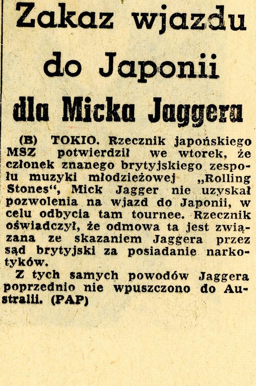 Oficjalna wzmianka w prasie zatytułowana: Zakaz wjazdu do Japonii dla Micka Jaggera