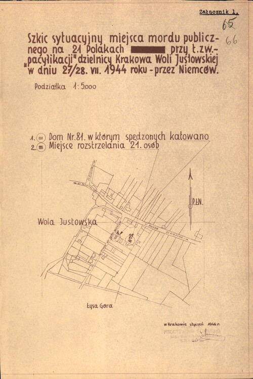 Szkic sytuacyjny rejonu Krakowa i okolic, w którym Niemcy 28 lipca 1943 roku dokonali mordu w miejscowości Wola Justowska. Na szkicu zaznaczono dom, w którym Niemcy katowali swe ofiary w trakcie przesłuchań oraz miejsce samego mordu na dwudziestu jeden Polakach.