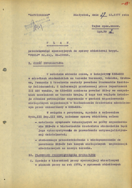 Plan przedsięwzięć operacyjnych do sprawy obiektowej krypt. Powój (fragment planu przedsięwzięć operacyjnych SB). Pismo wystawione w Białymstoku, dnia 27 grudnia 1977 roku.