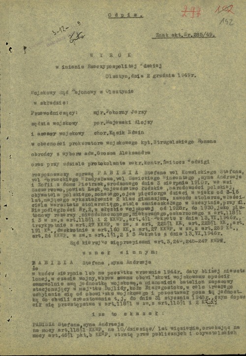 Odpis wyroku (strona tytułowa) Wojskowego Sądu Rejonowego w Olsztynie w sprawie Stefana Pabisia, 2 grudnia 1949 r.(sygn. IPN Ol 8/1568)