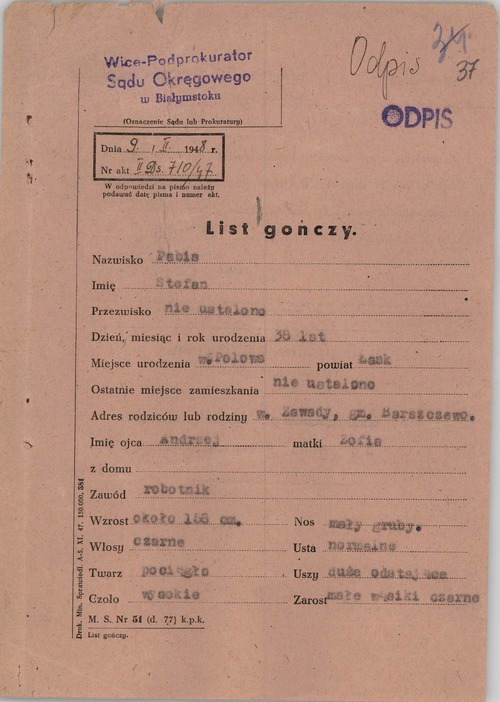 Odpis listu gończego skierowanego za Stefanem Pabisiem, 9 lutego 1948 r.
