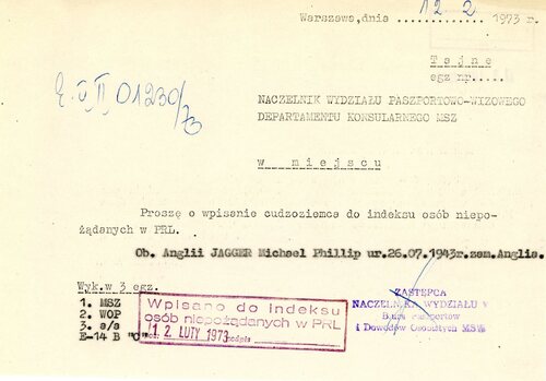 “I request the inclusion of British citizen Michael Phillip Jagger, born on 26.07.1943 in England, in the index of undesirable individuals in the Polish People’s Republic.” Document from the archives of the Institute of National Remembrance