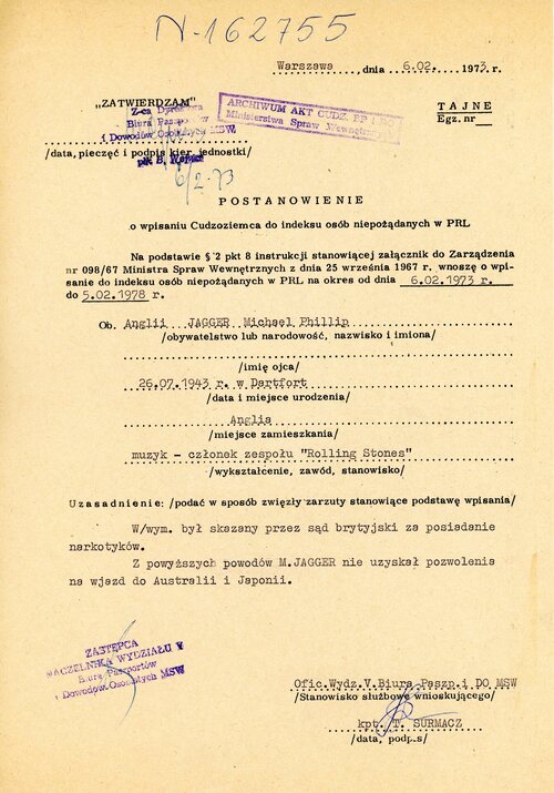 Document confirming the inclusion of Mick Jagger in the index of undesirable individuals in the Polish People’s Republic