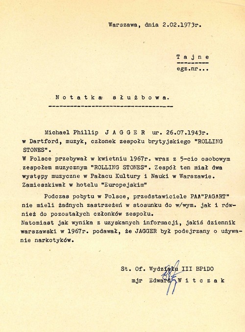 Document stating that representatives of PAA Pagart had no objections to Mick Jagger and other members of the band during their visit to Poland. Document from the archives of the Institute of National Remembrance