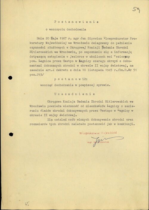 Obraz dokumentu - postanowienia prokuratora o wszczęciu dochodzenia w sprawie „zacierania śladów zbrodni dokonywanych przez Gestapo w Legnicy w okresie II wojny światowej”. Dokument jest datowany na 20 maja 1967 roku.