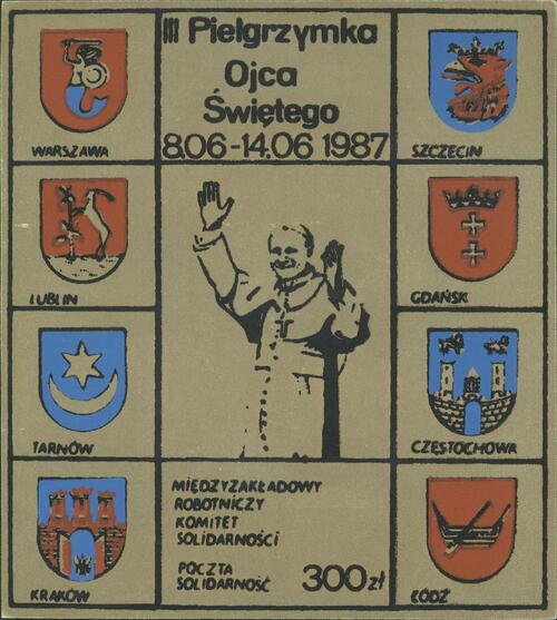Znaczek upamiętniający III pielgrzymkę Jana Pawła II do Polski, wydany w 1987 r. (ze zbiorów AIPN)