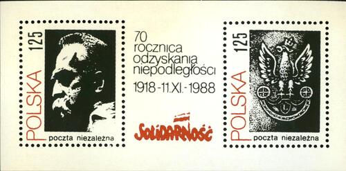 Znaczek upamiętniający 70. rocznicę odzyskania przez Polskę niepodległości, wydany w 1988 r. (ze zbiorów AIPN)