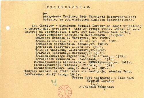 Obraz telefonogramu Bronisława Ochni do Bolesława Bieruta w sprawie 12 skazanych na karę śmierci z opinią Ochni, że skazani ci nie zasługują na prawo łaski. Dokument datowany na 27 lutego 1946 roku.