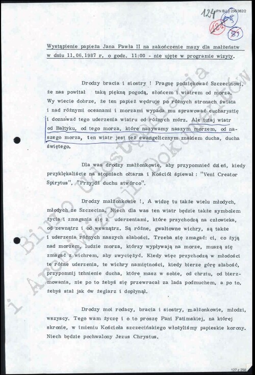 Dokument tekstowy - wystąpienie papieża Jana Pawła II na zakończenie Mszy dla małżeństw 11 czerwca 1987 roku w Szczecinie (nie ujęte w programie wizyty).
