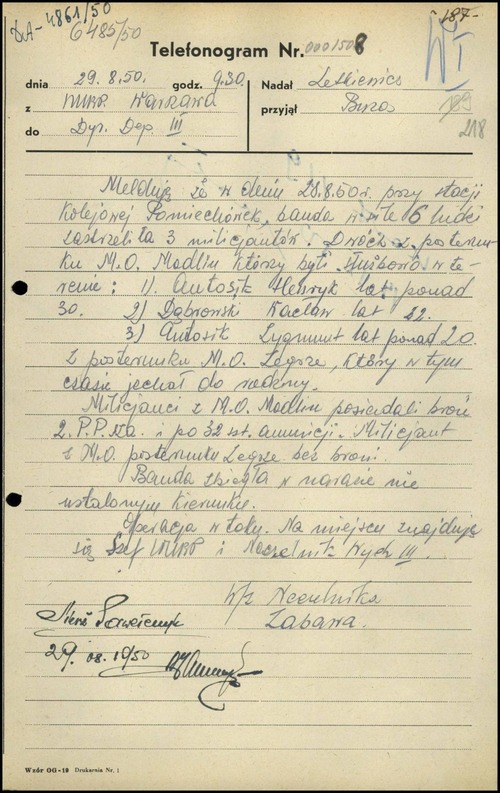 Obraz dokumentu - telefonogramu kapitana Zdzisława Zabawy z meldunkiem o zajściach mających miejsce 28 sierpnia 1950 roku na stacji kolejowej w Pomiechówku. Warszawa, 29 sierpnia 1950 roku.
