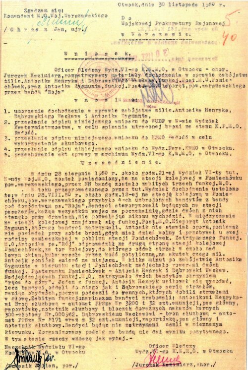 Obraz dokumentu - wniosku o umorzenie dochodzenia w sprawie zabójstwa milicjantów dokonanego 28 sierpnia 1950 roku na stacji kolejowej w Pomiechówku. Otwock, 30 listopada 1950 roku.