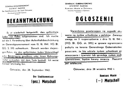 „Stwierdzono powtarzające się wypadki ukrywania się Żydów u Polaków...” ostrzeżenie Bruno Motschalla wobec Polaków ukrywających Żydów – Ostrowiec Świętokrzyski 1942