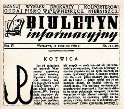 Obraz dokumentu - pierwszej strony numeru „Biuletynu Informacyjnego” z 16 kwietnia 1942 roku z artykułem o kotwicy jako nowym znaku Polski Walczącej.