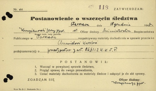 Druk z informacja o postanowieniu o wszczęcia śledztwa przeciw Karolowi Chmielowi z 18 grudnia 1947 r.