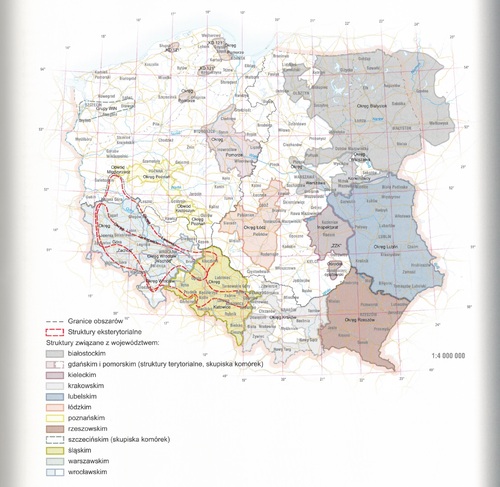 Mapa przedstawiająca struktury terytorialne Zrzeszenia Wolność i Niezawisłość od września 1945 r. do kwietnia 1947 r. Poszczególne obszary obejmują część ziem Polski pojałtańskiej oraz część wschodnich ziem II RP.