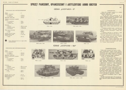 Tablica z biblioteki wojskowej bezpieki PRL (Wojskowej Służby Wewnętrznej oraz Zarządu II Sztabu Generalnego WP), na której jest zobrazowany i opisany sprzęt pancerny, opancerzony i artyleryjski armii obcych wobec Związku Sowieckiego i PRL, a dokładnie dwa typy czołgu Leopard.