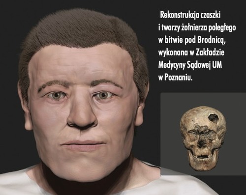 Grafika przedstawiająca efekt rekonstrukcja czaszki i twarzy żołnierza poległego w bitwie pod Brodnicą