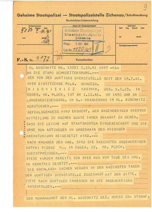 Telegram w języku niemieckim informujący o śmierci Kazimierza Miaskiewicza w dniu 1 października 1941 r. z powodu zapalenia płuc