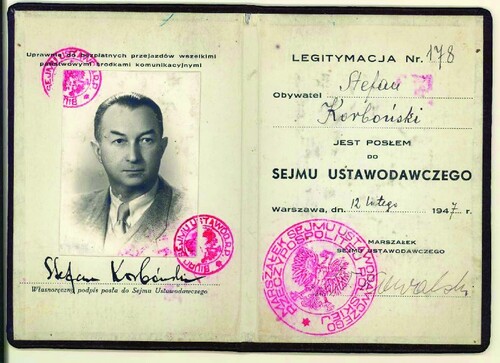 Legitymacja wystawiona na nazwisko Stefana Korbońskiego, posła na Sejm Ustawodawczy, ze zdjęciem, datą 12 lutego 1947 r., a także pięczęciami i odręcznym podpisem marszałka.