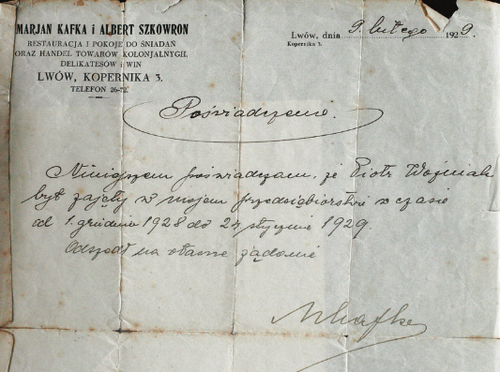 Zaświadczenie o pracy Piotra Woźniaka w restauracji we Lwowie z 1929 r. sporządzone pismem odręcznym na firmowym papierze właścicieli lokalu