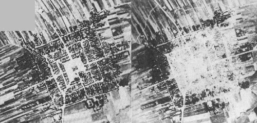 Zdjęcia lotnicze Frampola, miasteczka w woj. lubelskim pozbawionego obiektów wojskowych, które we wrześniu 1939 r. zostało zniszczone poprzez naloty „ćwiczebne” niemieckiego Luftwaffe