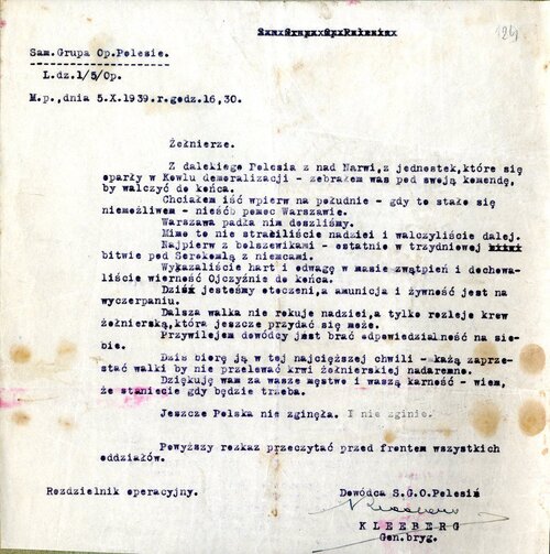 Ostatni rozkaz gen. Franciszka Kleeberga do żołnierzy SGO „Polesie”. Dokument ze zbiorów Archiwum Akt Nowych
