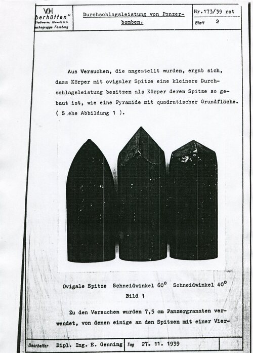 Dokumentacja testów balistycznych z Udetfeld. Obraz dokumentu sporządzonego w języku niemieckim.