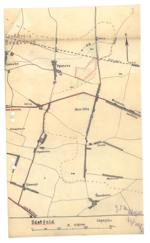 Mapa sporządzona przez Armię Krajową, na której zaznaczono lokalizację Udetfeld.